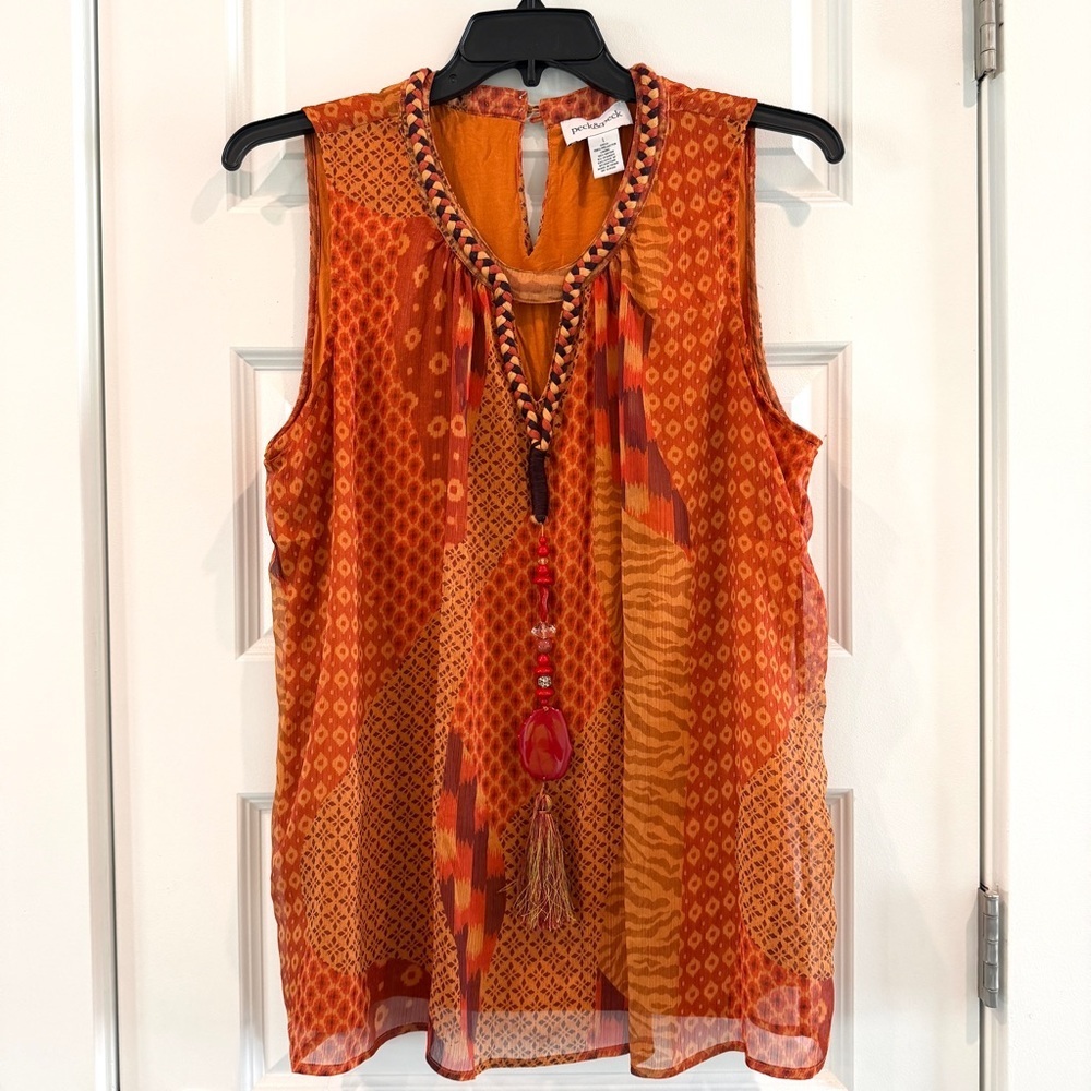Peck&Peck Rust Orange Tunic Tank Top Sleeveless Tassel Bead Braided Neck sz L